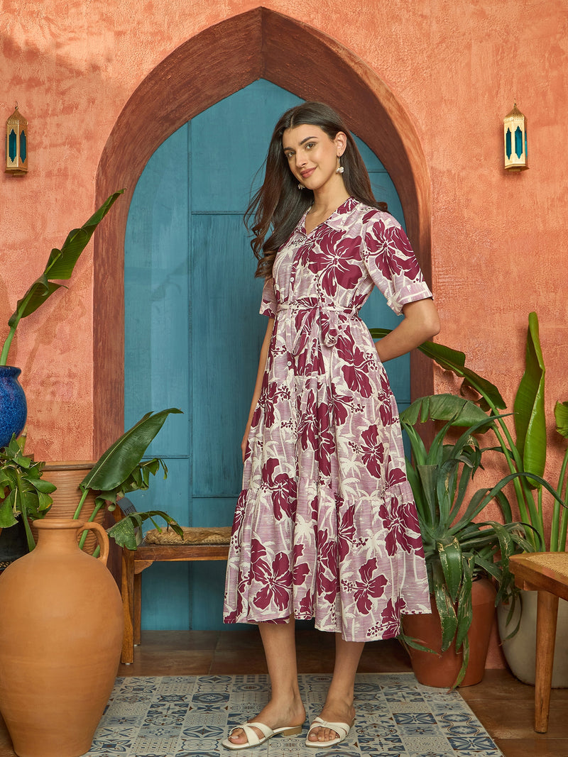 Stylum Women's Wine Floral Printed Cotton Flared Dress (DRSWINESHELLY)