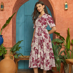 Stylum Women's Wine Floral Printed Cotton Flared Dress (DRSWINESHELLY)