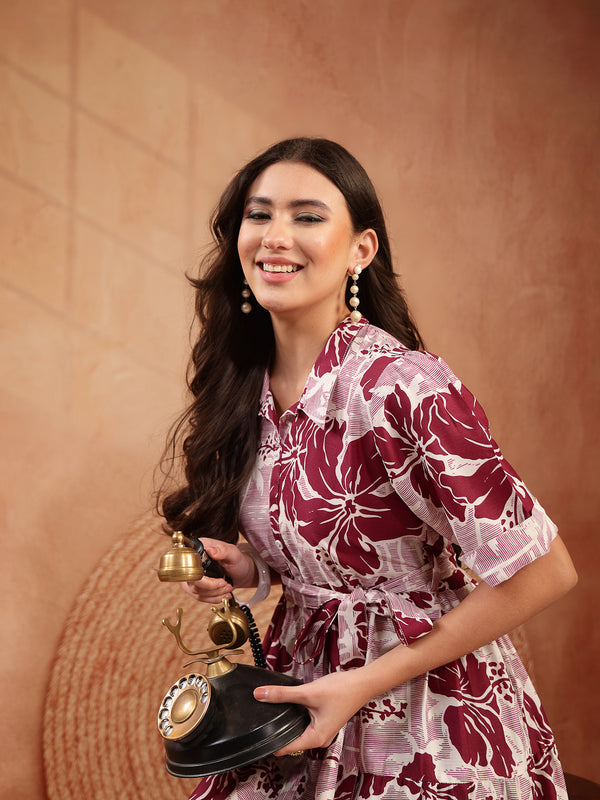 Stylum Women's Wine Floral Printed Cotton Flared Dress (DRSWINESHELLY)