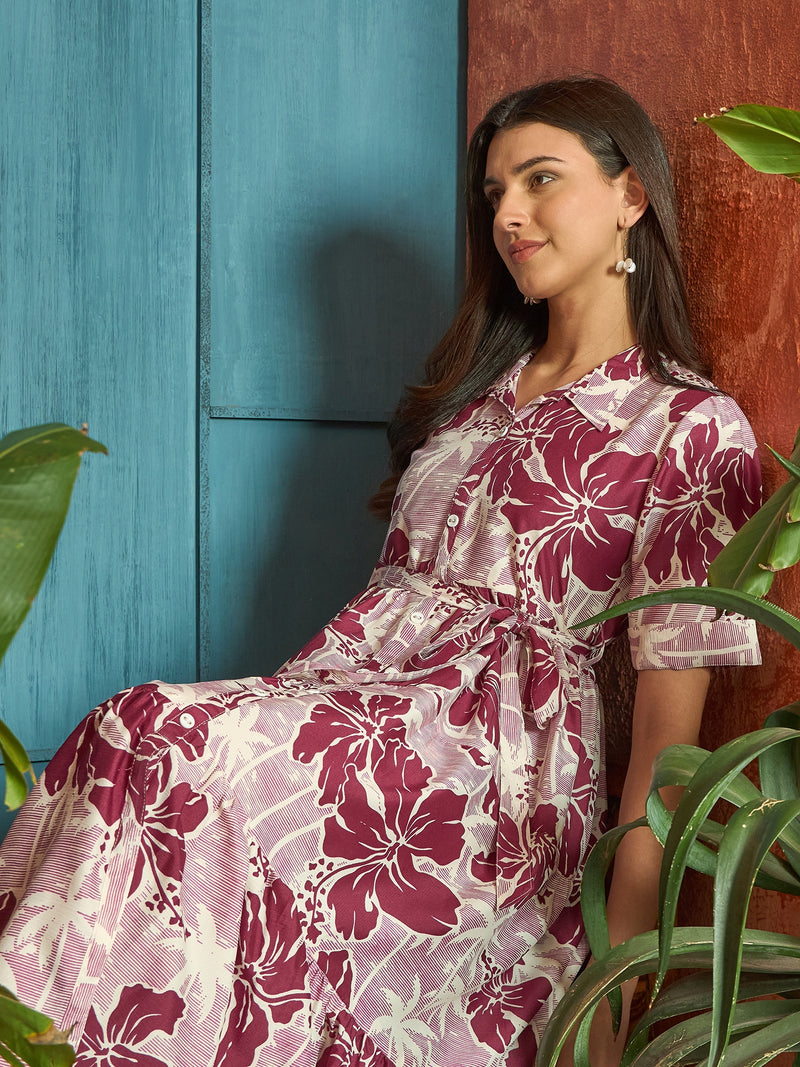 Stylum Women's Wine Floral Printed Cotton Flared Dress (DRSWINESHELLY)