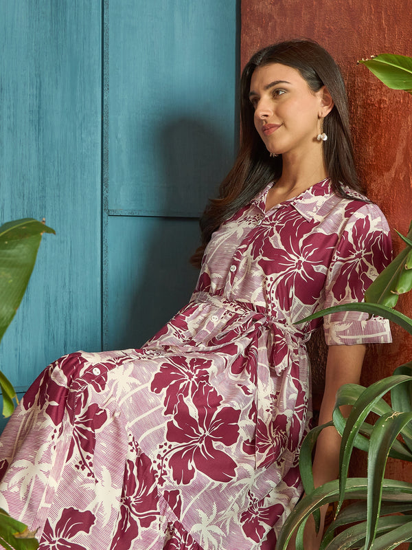 Stylum Women's Wine Floral Printed Cotton Flared Dress (DRSWINESHELLY)