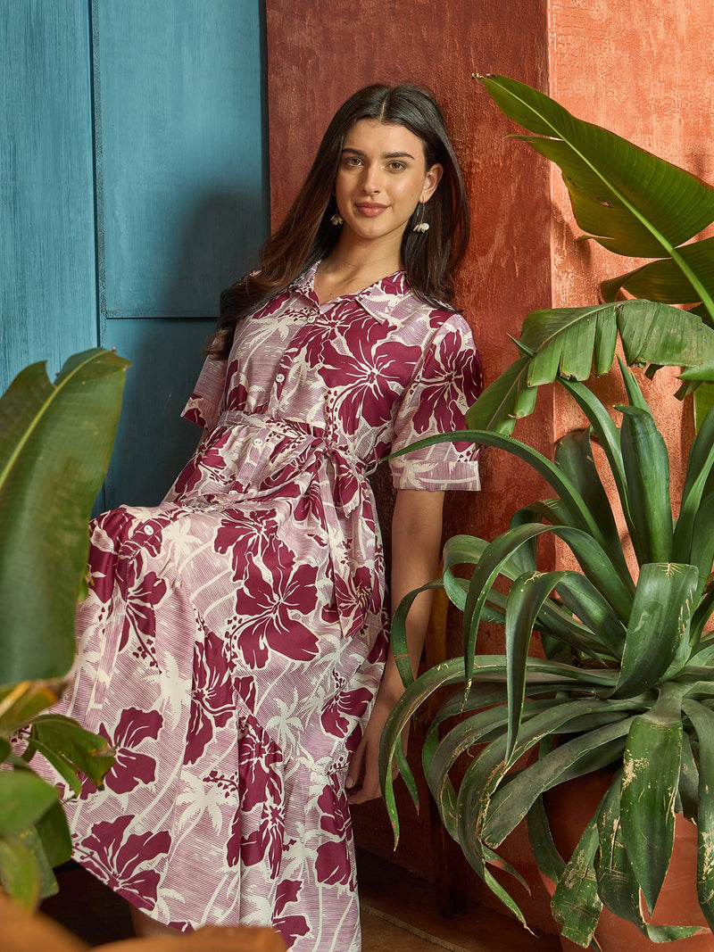 Stylum Women's Wine Floral Printed Cotton Flared Dress (DRSWINESHELLY)