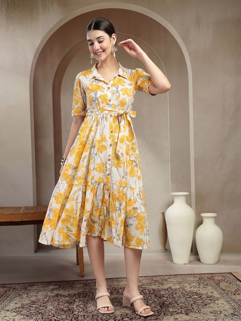 Stylum Women's Yellow Floral Printed Cotton Flared Dress (DRSYELLOWKINNU)