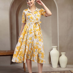 Stylum Women's Yellow Floral Printed Cotton Flared Dress (DRSYELLOWKINNU)