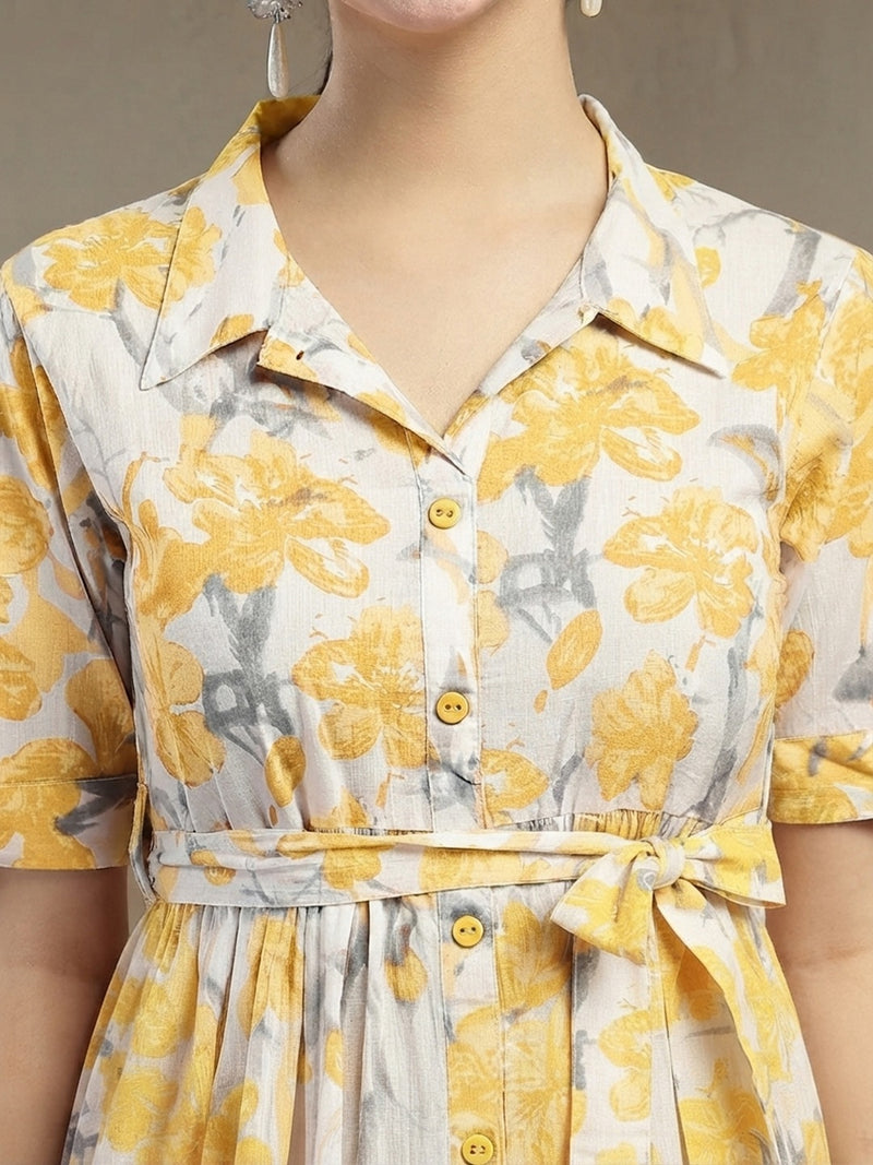 Stylum Women's Yellow Floral Printed Cotton Flared Dress (DRSYELLOWKINNU)