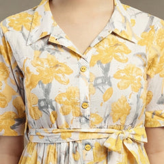 Stylum Women's Yellow Floral Printed Cotton Flared Dress (DRSYELLOWKINNU)