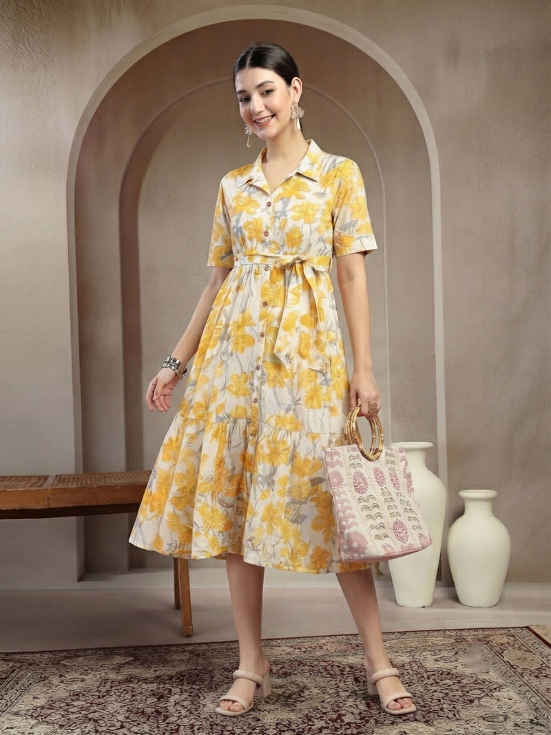 Stylum Women's Yellow Floral Printed Cotton Flared Dress (DRSYELLOWKINNU)