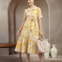 Stylum Women's Yellow Floral Printed Cotton Flared Dress (DRSYELLOWKINNU)
