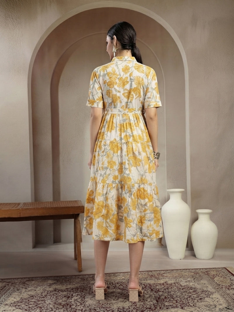 Stylum Women's Yellow Floral Printed Cotton Flared Dress (DRSYELLOWKINNU)