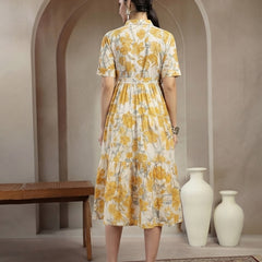 Stylum Women's Yellow Floral Printed Cotton Flared Dress (DRSYELLOWKINNU)