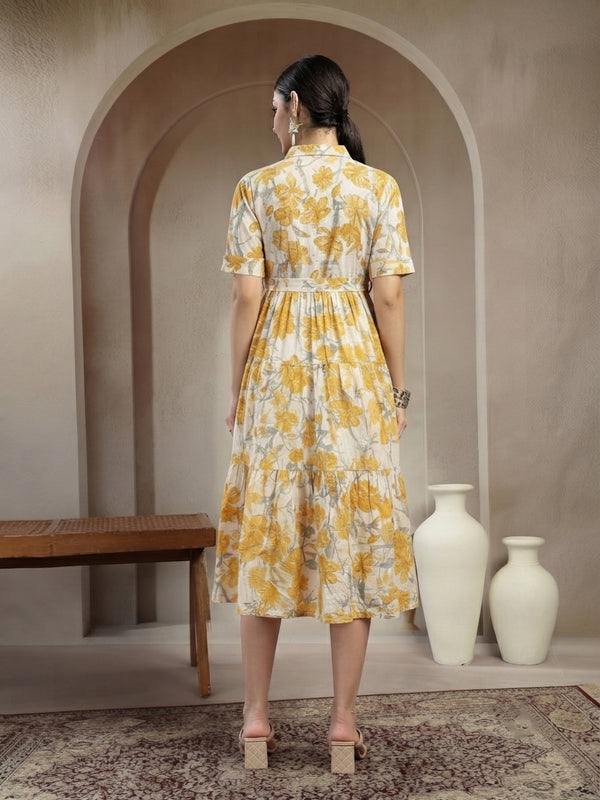 Stylum Women's Yellow Floral Printed Cotton Flared Dress (DRSYELLOWKINNU)