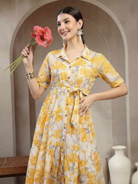 Stylum Women's Yellow Floral Printed Cotton Flared Dress (DRSYELLOWKINNU)