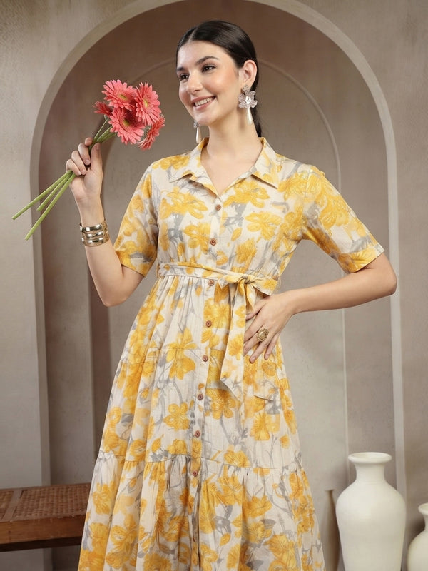 Stylum Women's Yellow Floral Printed Cotton Flared Dress (DRSYELLOWKINNU)