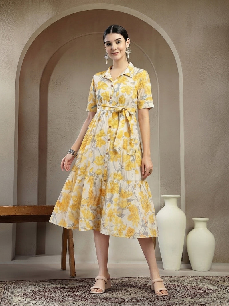 Stylum Women's Yellow Floral Printed Cotton Flared Dress (DRSYELLOWKINNU)