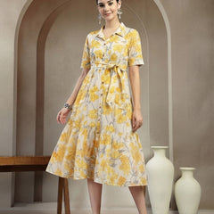 Stylum Women's Yellow Floral Printed Cotton Flared Dress (DRSYELLOWKINNU)