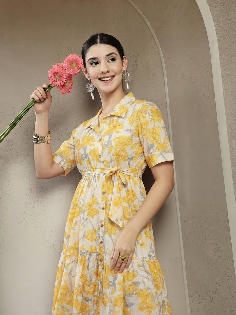 Stylum Women's Yellow Floral Printed Cotton Flared Dress (DRSYELLOWKINNU)