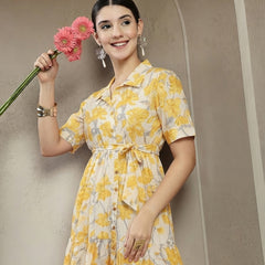 Stylum Women's Yellow Floral Printed Cotton Flared Dress (DRSYELLOWKINNU)