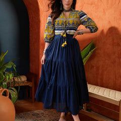 Stylum Women's Yellow Solid Cotton Tiered Dress With Ethnic Jacket (DRSYELLOWKOREA)