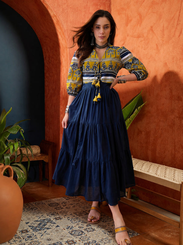 Stylum Women's Yellow Solid Cotton Tiered Dress With Ethnic Jacket (DRSYELLOWKOREA)