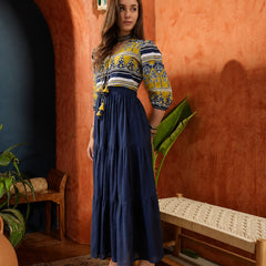 Stylum Women's Yellow Solid Cotton Tiered Dress With Ethnic Jacket (DRSYELLOWKOREA)