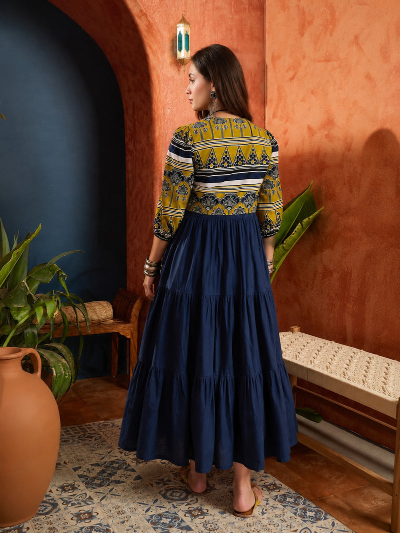 Stylum Women's Yellow Solid Cotton Tiered Dress With Ethnic Jacket (DRSYELLOWKOREA)