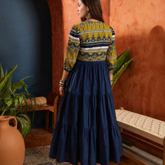 Stylum Women's Yellow Solid Cotton Tiered Dress With Ethnic Jacket (DRSYELLOWKOREA)