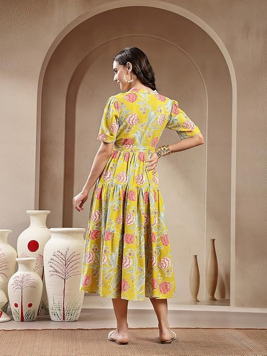 Stylum Women's Yellow Floral Printed Rayon Tiered Dress (DRSYELLOWRENEE)
