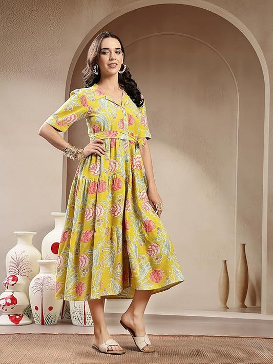 Stylum Women's Yellow Floral Printed Rayon Tiered Dress (DRSYELLOWRENEE)