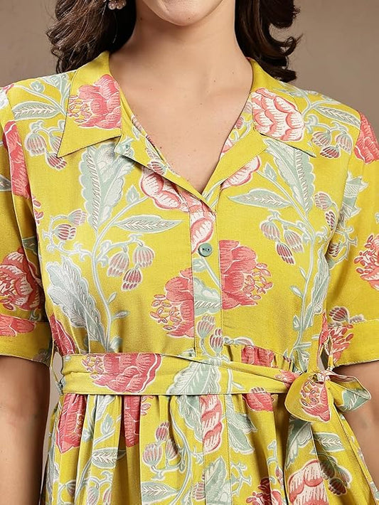 Stylum Women's Yellow Floral Printed Rayon Tiered Dress (DRSYELLOWRENEE)