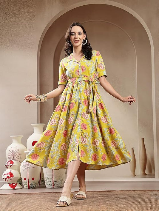 Stylum Women's Yellow Floral Printed Rayon Tiered Dress (DRSYELLOWRENEE)