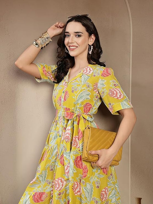 Stylum Women's Yellow Floral Printed Rayon Tiered Dress (DRSYELLOWRENEE)