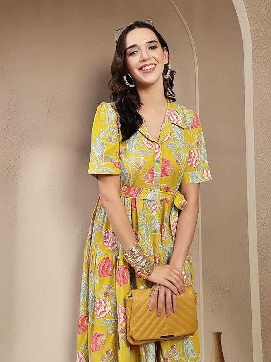 Stylum Women's Yellow Floral Printed Rayon Tiered Dress (DRSYELLOWRENEE)