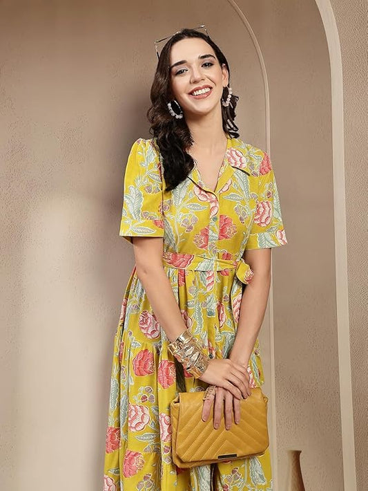 Stylum Women's Yellow Floral Printed Rayon Tiered Dress (DRSYELLOWRENEE)