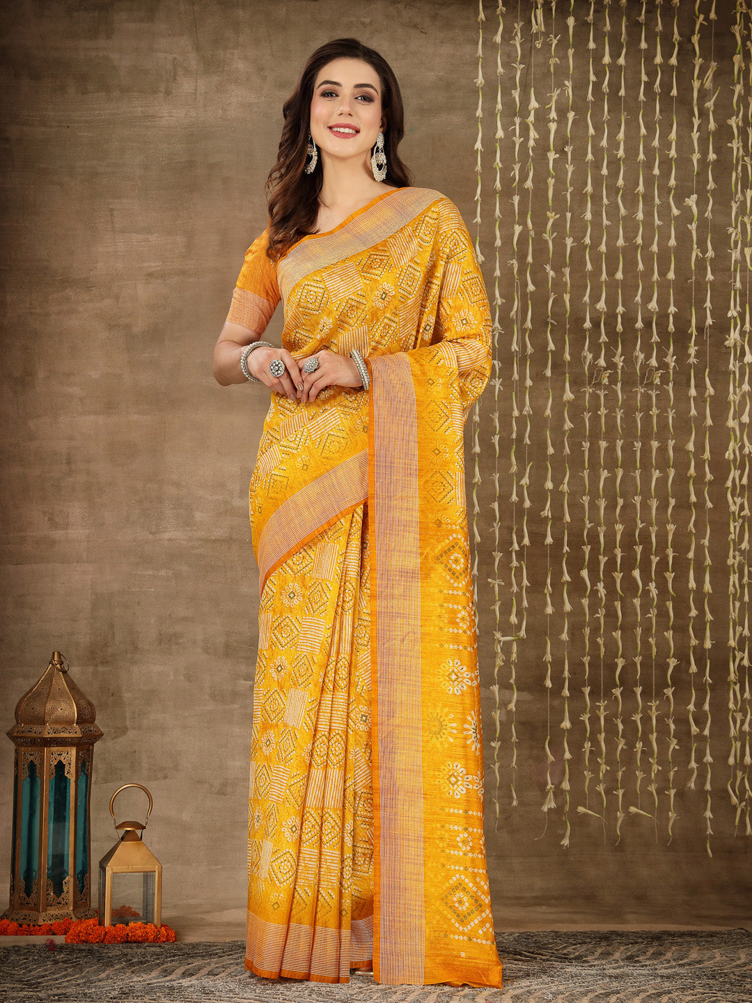 Stylum Women's Digital Print Cotton Blend Saree (Diggymustard)