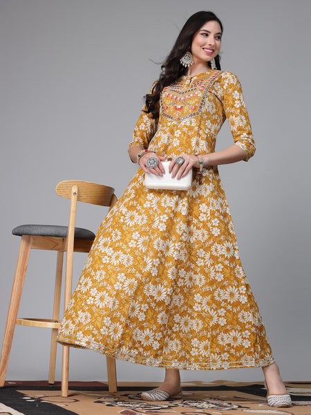Stylum Women's Floral Printed & Embroidered Cotton Anarkali Kurta (EMMA)