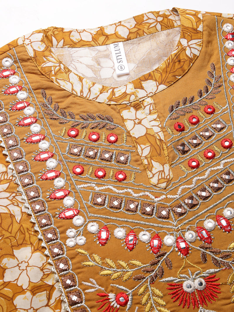 Stylum Women's Floral Printed & Embroidered Cotton Anarkali Kurta (EMMA)