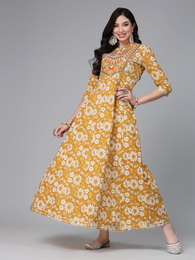 Stylum Women's Floral Printed & Embroidered Cotton Anarkali Kurta (EMMA)