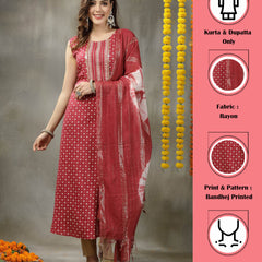 Stylum Women's Bandhej Printed Rayon A-Line Kurta with Dupatta (KDROSEPARO)