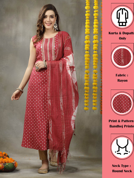 Stylum Women's Bandhej Printed Rayon A-Line Kurta with Dupatta (KDROSEPARO)