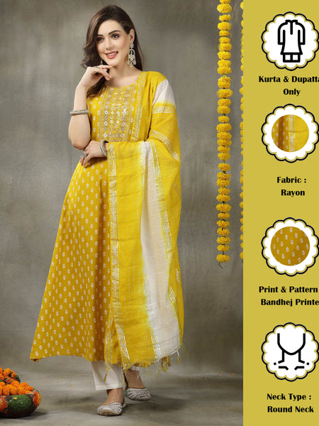 Women's Printed & Embroidered Rayon A-Line Kurta with Dupatta (KDYLWFRUITY)