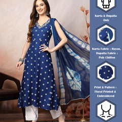 Stylum Women's Blue Floral Printed & Embroidered Rayon A-Line Kurta Dupatta Set (KDROYALRASNA)