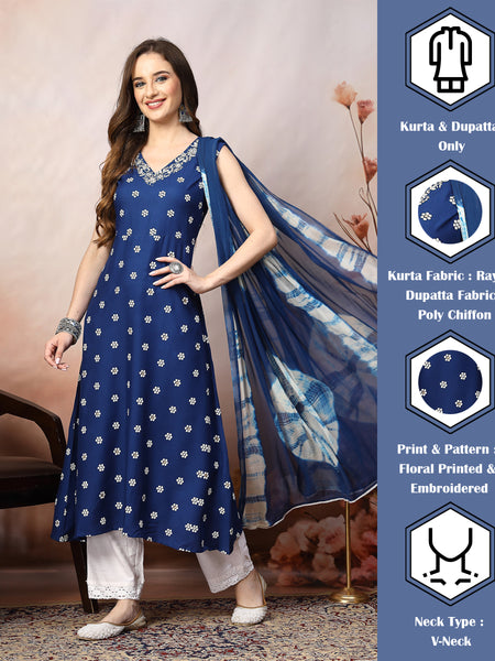 Stylum Women's Blue Floral Printed & Embroidered Rayon A-Line Kurta Dupatta Set (KDROYALRASNA)