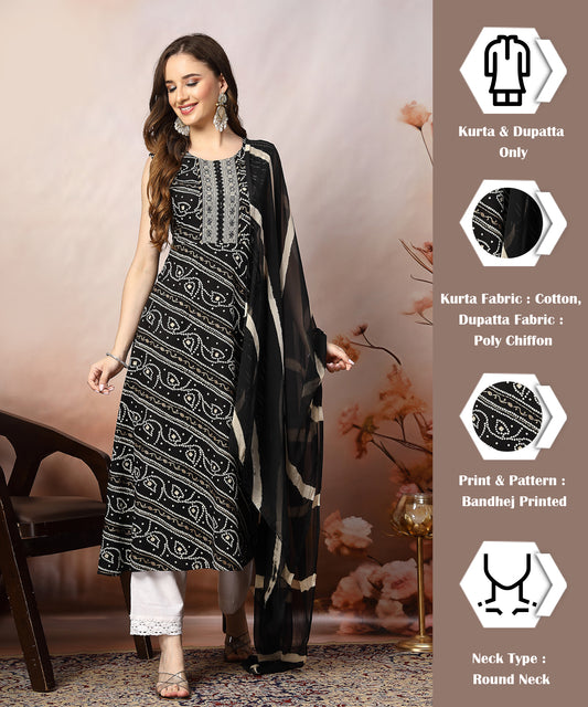 Stylum Women's Black Bandhani Printed & Embroidered Rayon A-Line Kurta Dupatta Set (KDBLACKBANGO)