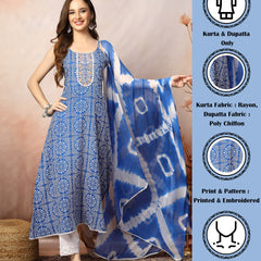 Stylum Women's Blue Bandhani Printed & Embroidered Rayon A-Line Kurta Dupatta Set (KDBLUEBACARDI)