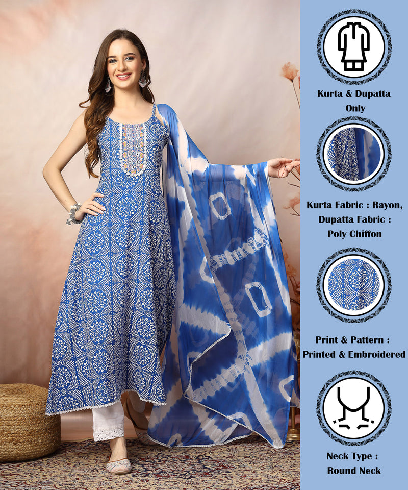 Stylum Women's Blue Bandhani Printed & Embroidered Rayon A-Line Kurta Dupatta Set (KDBLUEBACARDI)