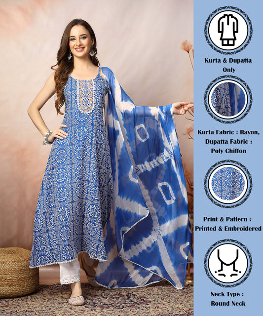 Stylum Women's Blue Bandhani Printed & Embroidered Rayon A-Line Kurta Dupatta Set (KDBLUEBACARDI)