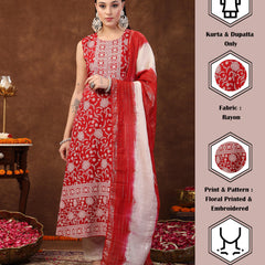 Stylum Women's Red Printed & Embroidered Rayon A-Line Kurta Dupatta Set (KDREDBULL)