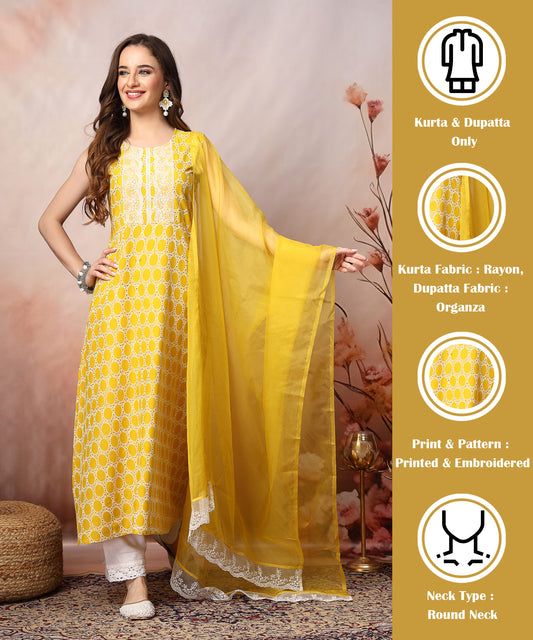 Stylum Women's Yellow Printed & Embroidered Rayon A-Line Kurta Dupatta Set (KDYELLOWSURJI)