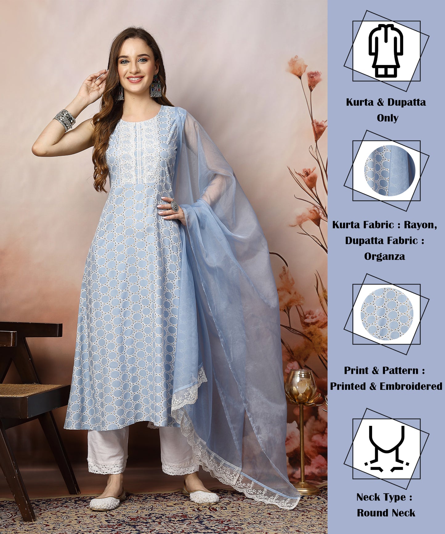 Stylum Women's Powder Blue Printed & Embroidered Rayon A-Line Kurta Dupatta Set (KDSKYSURJI)