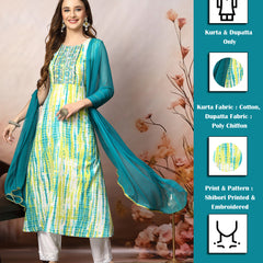 Stylum Women's Lime Green Shibori Printed & Embroidered Rayon A-Line Kurta Dupatta Set (KDLIMELIMCA)